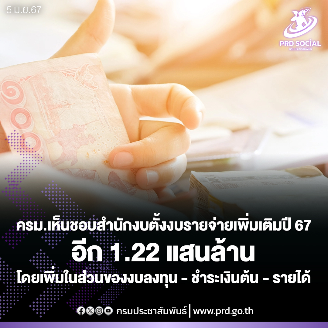 ครม.เห็นชอบสำนักงบตั้งงบรายจ่ายเพิ่มเติมปี 67 อีก 1.22 แสนล้าน โดยเพิ่มในส่วนของงบลงทุน - ชำระเงินต้น - รายได้