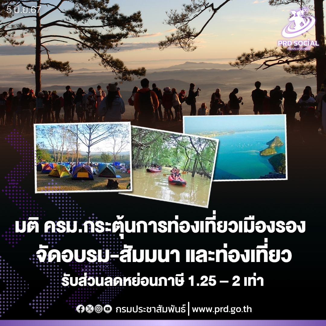 มติ ครม.กระตุ้นการท่องเที่ยวเมืองรอง จัดอบรม-สัมมนา และท่องเที่ยว รับส่วนลดหย่อนภาษี 1.25 &ndash; 2 เท่า 