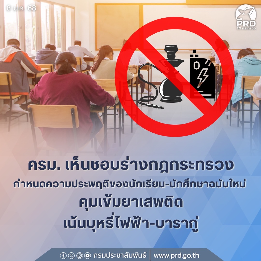 ครม. เห็นชอบร่างกฎกระทรวง ศธ. กำหนดความประพฤติของนักเรียน-นักศึกษาฉบับใหม่ คุมเข้ม ยาเสพติด เน้นบุหรี่ไฟฟ้า - บารากู่