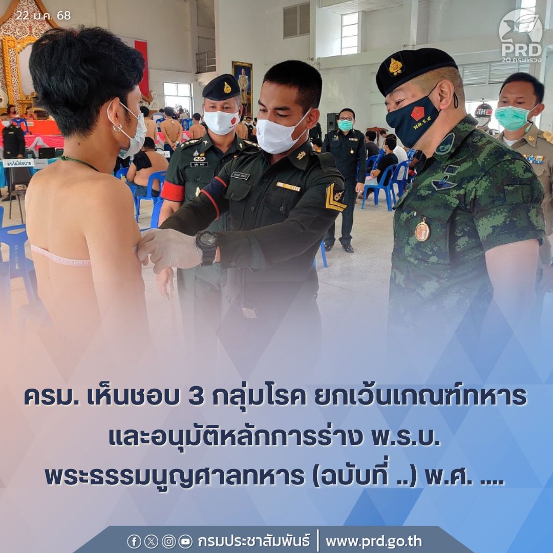 เห็นชอบ 3 กลุ่มโรคเข้าลักษณะยกเว้นการตรวจเลือกทหารกองประจำการ