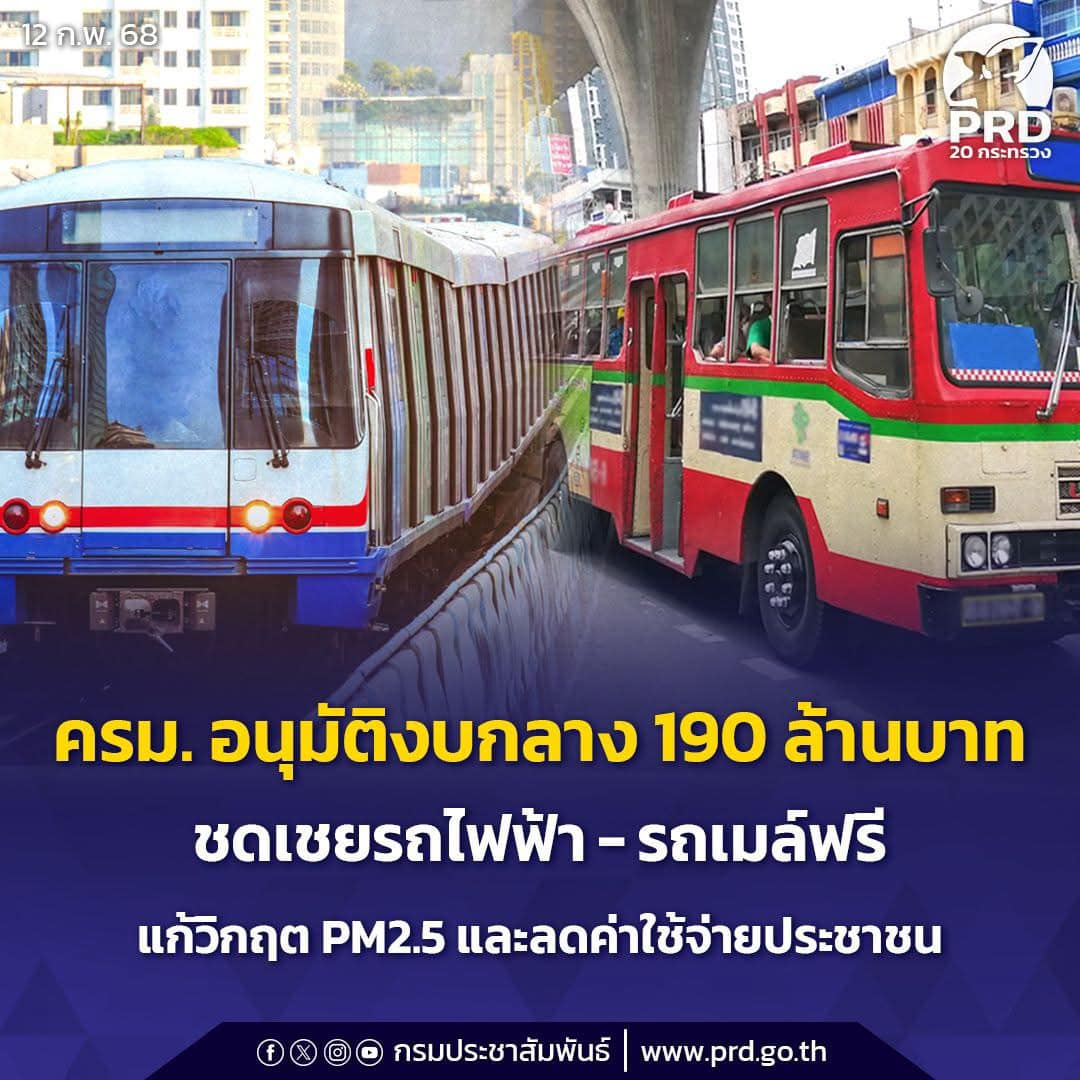 ครม. อนุมัติงบกลาง 190 ล้านบาท ชดเชยรถไฟฟ้า-รถเมล์ฟรี  แก้วิกฤต PM 2.5 และลดค่าใช้จ่ายประชาชน