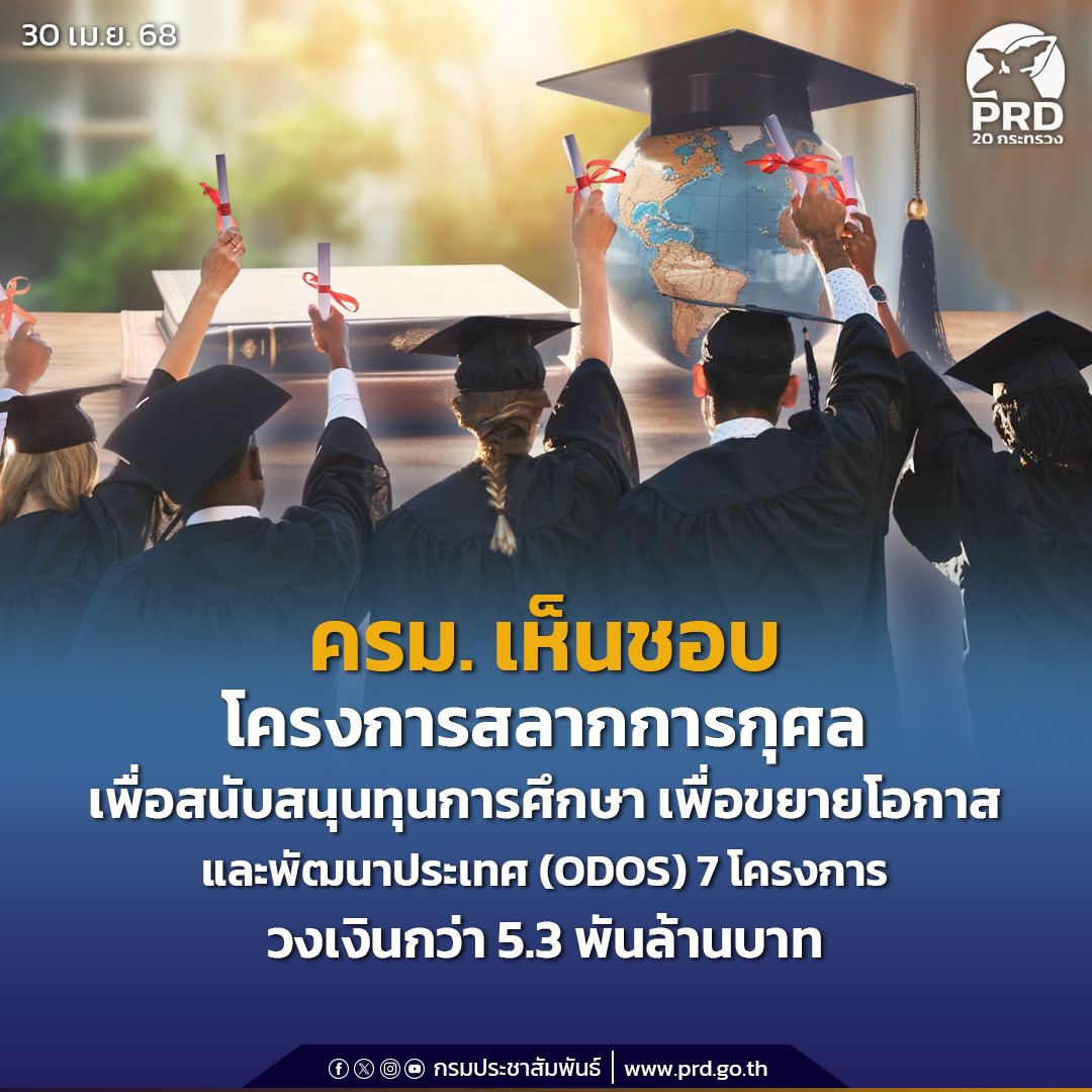 ครม. เห็นชอบโครงการสลากการกุศลเพื่อสนับสนุนโครงการทุนการศึกษาเพื่อขยายโอกาสและพัฒนาประเทศ (ODOS) จำนวน 7 โครงการ วงเงินกว่า 5.3 พันล้านบาท