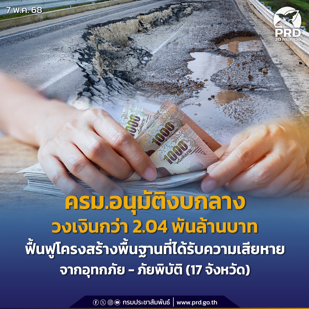 ครม. ไฟเขียวอนุมัติงบกลางวงเงินกว่า 2.04 พันล้านบาท ฟื้นฟูโครงสร้างพื้นที่ได้รับความเสียหายจากอทุกภัย-ภัยพิบัติ