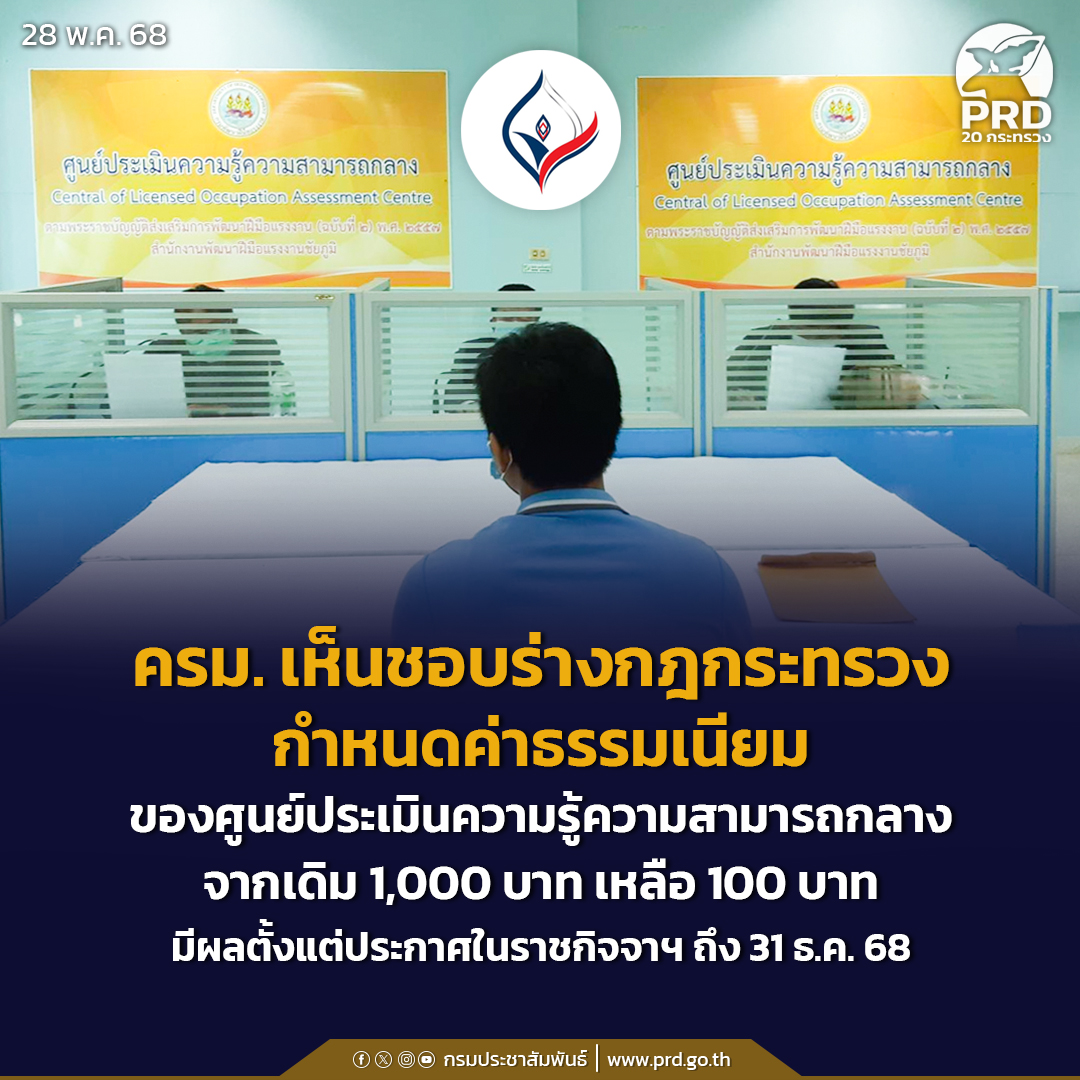 ครม.เห็นชอบร่างกฎกระทรวงกำหนดค่าธรรมเนียมของศูนย์ประเมินความรู้ความสามารถกลาง ลดภาระประชาชน