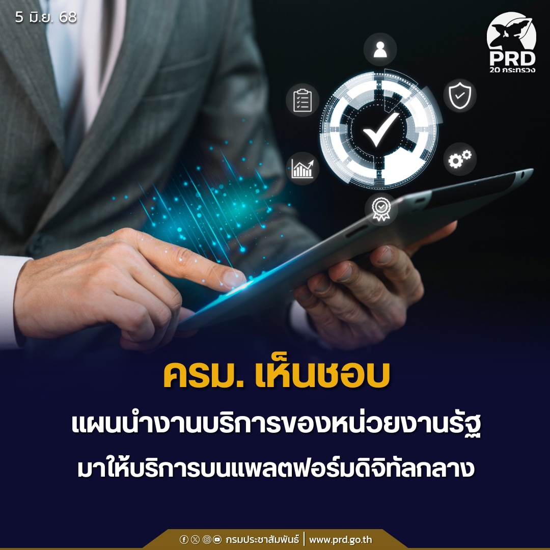 ครม. เห็นชอบแผนนำงานบริการของหน่วยงานรัฐมาให้บริการบนแพลตฟอร์มดิจิทัลกลาง  (4 มิ.ย. 68) คณะรัฐมนตรีมีติเห็นชอบตามที่คณะกรรมการกลั่นกรองเรื่องเสนอคณะรัฐมนตรี คณะที่ 6  