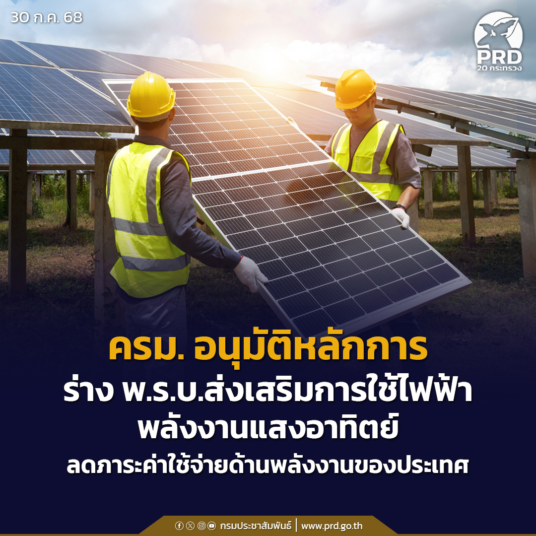 ครม. อนุมัติหลักการร่าง พ.ร.บ.ส่งเสริมการใช้ไฟฟ้าพลังงานแสงอาทิตย์ ลดภาระค่าใช้จ่าย ด้านพลังงานของประเทศ