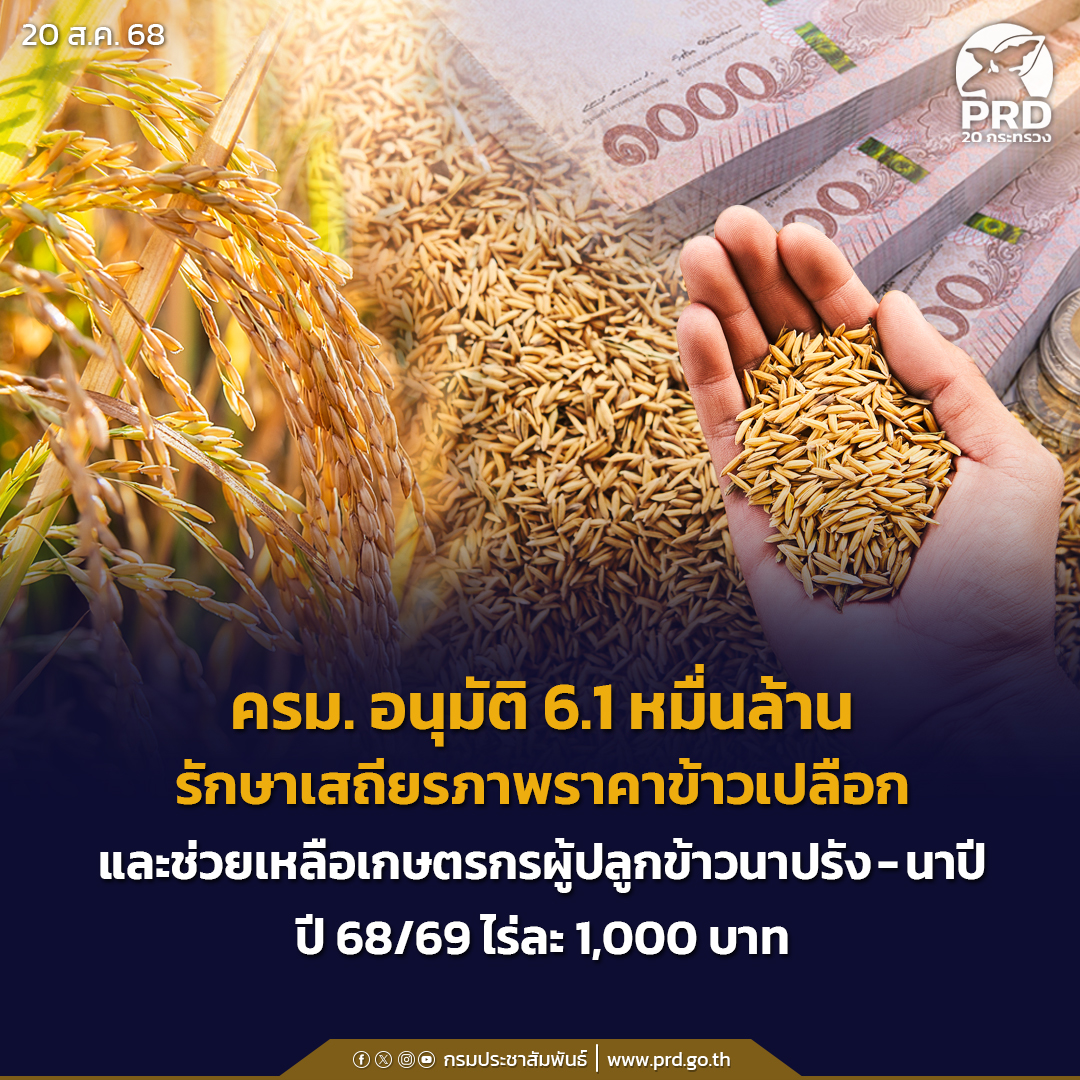ครม. อนุมัติ 6.1 หมื่นล้าน รักษาเสถียรภาพราคาข้าวเปลือก และช่วยเหลือเกษตรกรผู้ปลูกข้าวนาปรัง - นาปี ปี 68/69 ไร่ละ 1,000 บาท