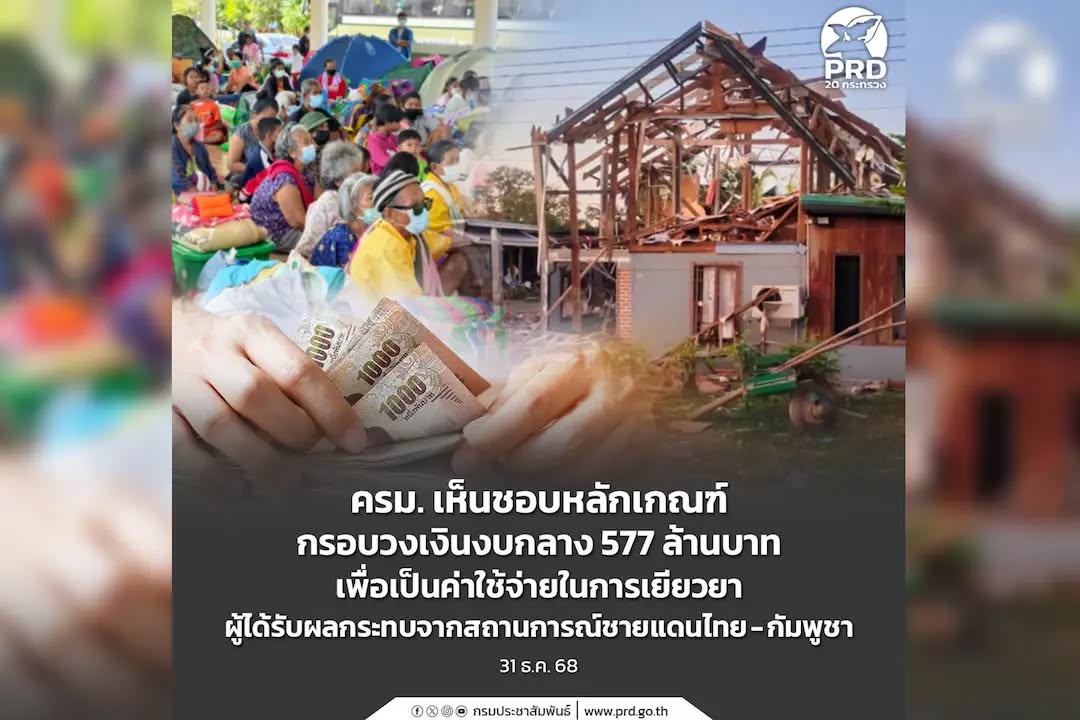 ครม. เห็นชอบหลักเกณฑ์ กรอบวงเงินงบกลาง 577 ล้านบาท เพื่อเป็นค่าใช้จ่ายในการเยียวยาผู้ได้รับผลกระทบจากสถานการณ์ชายแดนไทย - กัมพูชา