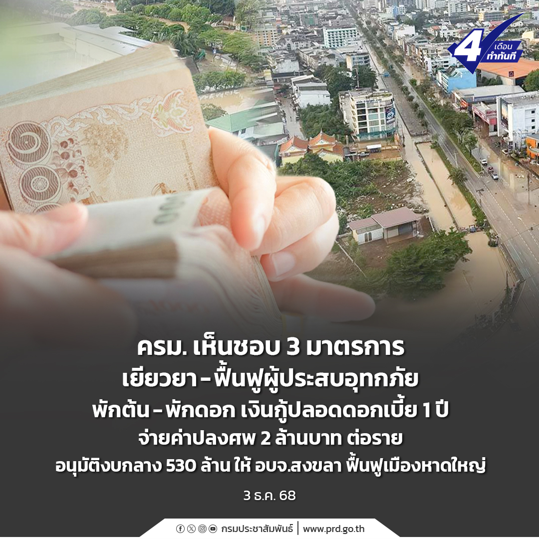 ครม. เห็นชอบ 3 มาตรการ เยียวยา-ฟื้นฟูผู้ประสบอุทกภัย พักต้น-พักดอก เงินกู้ปลอดดอกเบี้ย 1 ปี จ่ายค่าปลงศพ 2 ล้านบาทต่อราย อนุมัติงบกลาง 530 ล้าน ให้ อบจ.สงขลา ฟื้นฟูเมืองหาดใหญ่