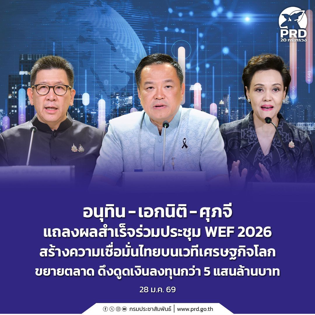อนุทิน - เอกนิติ &ndash; ศุภจี แถลงผลสำเร็จร่วมประชุม WEF 2026 สร้างความเชื่อมั่นไทยบนเวทีเศรษฐกิจโลก ขยายตลาด ดึงดูดเงินลงทุนกว่า 5 แสนล้าน