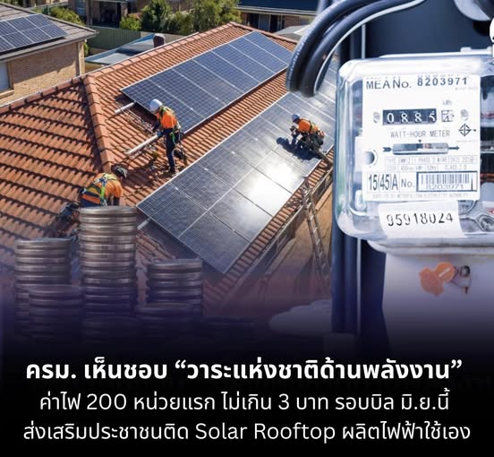 ครม. เห็นชอบ "วาระแห่งชาติด้านพลังงาน" ค่าไฟ 200 หน่วยแรก ไม่เกิน 3 บาทรอบบิล มิ.ย.นี้ ส่งเสริมประชาชนติด Solar Rooftop ผลิตไฟฟ้าใช้เอง