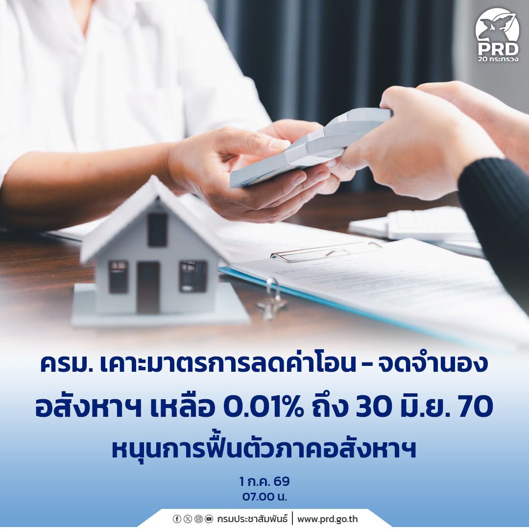ครม.อนุมัติลดค่าธรรมเนียมโอนและจดจำนองอสังหาริมทรัพย์เหลือร้อยละ 0.01 ถึง 30 มิ.ย. 70 หนุนการฟื้นตัวภาคอสังหาฯ