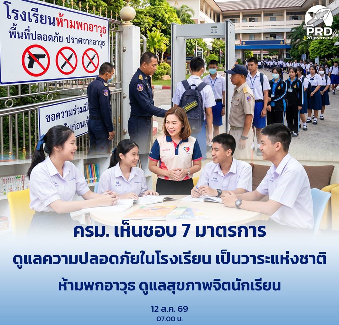 ครม. เห็นชอบ 7 มาตรการดูแลความปลอดภัยในโรงเรียน เป็นวาระแห่งชาติ ห้ามพกอาวุธ ดูแลสุขภาพจิตนักเรียน